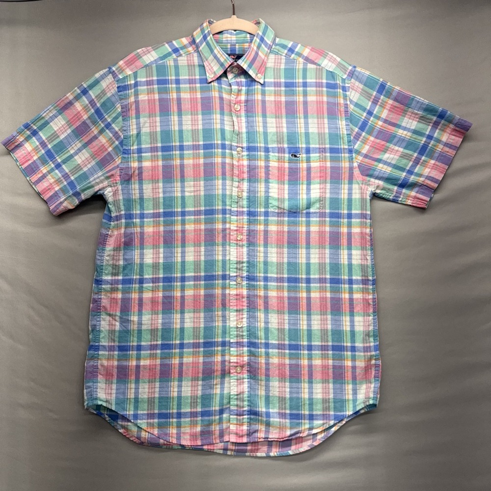 Vineyard Vines Men's SHIRT Short Sleeve Logo  Plaid Shirt  Sz Medium Preppy
